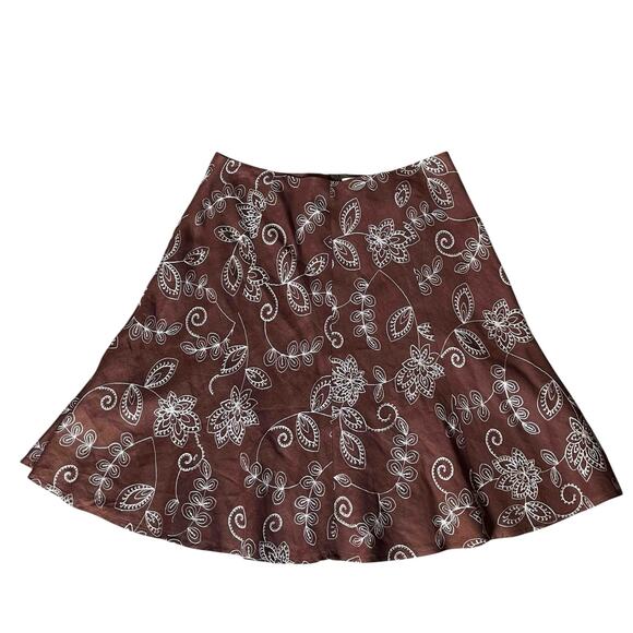 Women's David Brooks Embroidered A-Line Skirt Brown Floral 100% Linen Size 14 - Picture 1 of 6
